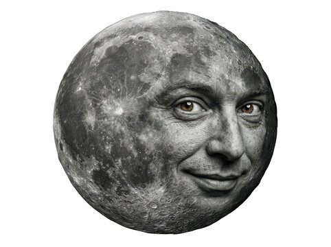 Surreal moon with a human face isolated on transparent background