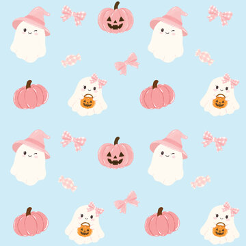 Cute pastel Halloween seamless pattern with spooky ghosts, pink pumpkins, witch hats, and bows on light blue background for nursery textile and party paper