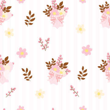 Cute pastel floral bouquet seamless pattern with pink berries, wildflower blossoms, and vertical stripes background for nursery fabric and wallpaper