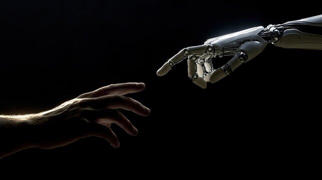 A metallic robot hand reaches out to a human hand in a dark, dramatic setting