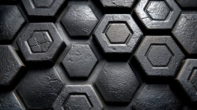 Hexagon rubber texture, black industrial flooring, raised geometric pattern, durable non-slip surface background, tough material 