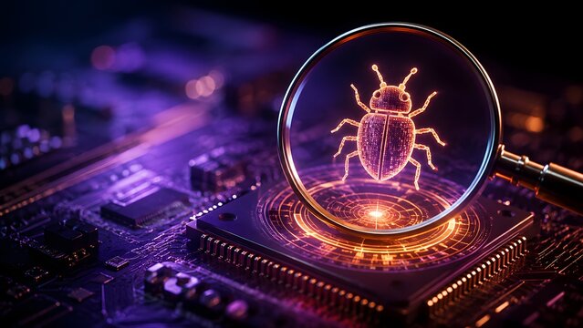 Magnifying glass focusing on glowing digital bug over microchip representing software debugging and cybersecurity threat detection