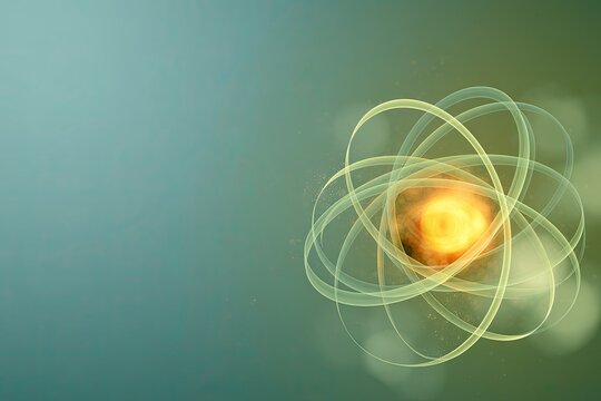 Abstract glowing atom with orbiting electron rings on a bokeh background
