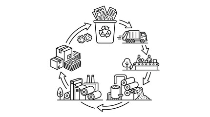 Fototapeta premium Minimalist Black and White of Recycling Paper Products Process from Waste Collection to Manufacturing