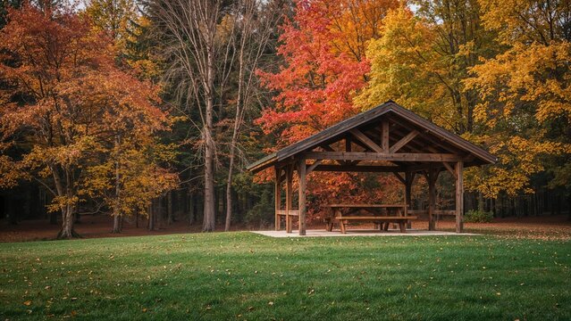 Autumn park with colorful trees, wooden pavilion, and a picnic table in the background. Nature and outdoor recreation during fall season.