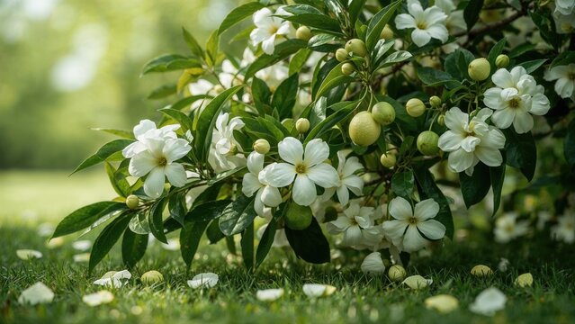 Cluster of white gardenia flowers with glossy green leaves and buds, set against a blurred green background.
