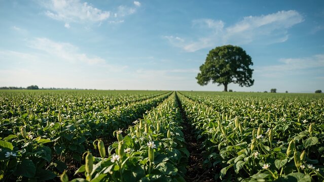 A farm field with rows of green crops and a lone tree under a blue sky.