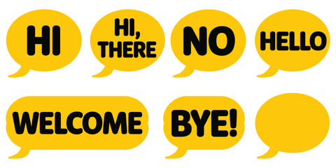 Speech bubble icons featuring chat labels with hello, welcome, yes, no, bye, greeting messages, online communication, messaging, and digital interface symbols ©  