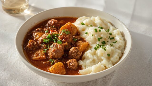 Beef stew with potatoes served alongside mashed potatoes garnished with chopped chives. Comfort food dish, hearty and savory.
