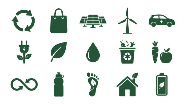 Eco friendly green icons set. Sustainable energy and environmental protection symbols.