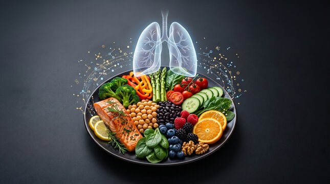 Plate of healthy food with salmon and vegetables underneath a glowing digital lung icon for nutrition health