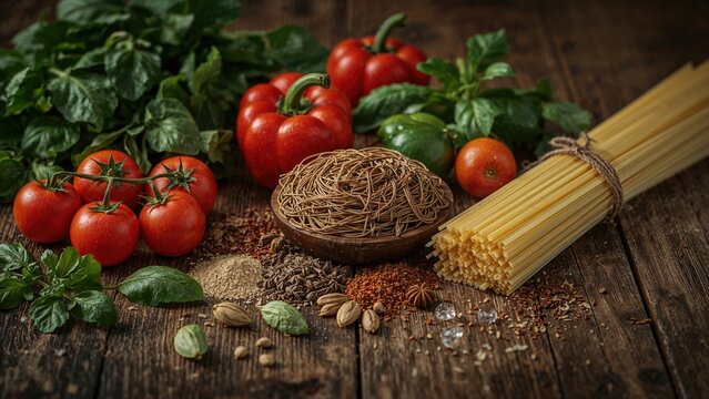 Fresh vegetables and spices with pasta and dried herbs on a rustic wooden surface.