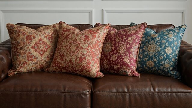 Four patterned cushions on a leather sofa with a white paneled wall in the background.