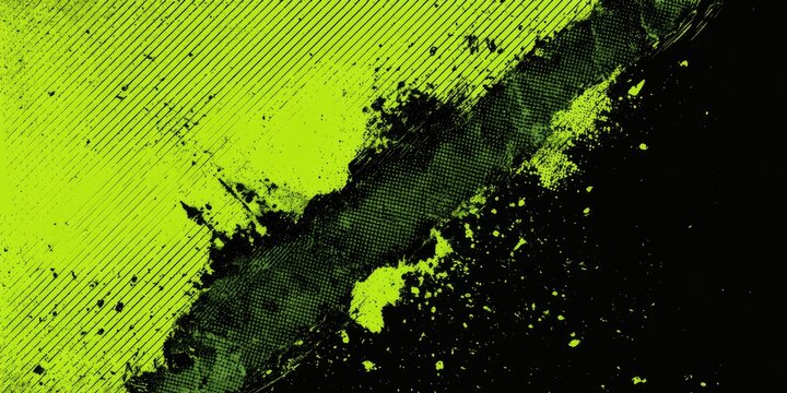 Abstract neon green and dark grey textured background with splatter and lines