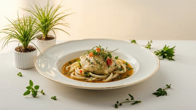 Plated pasta dish with herbs and vegetables on a white plate, surrounded by potted plants and greenery on a white table.