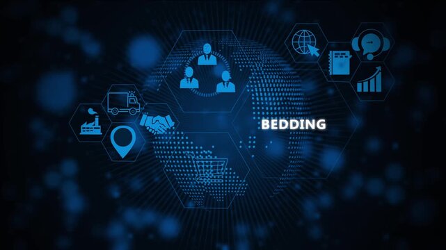 Digital bedding industry concept featuring animated global network connectivity hexagonal data infographics, supply chain logistics, e-commerce shopping cart, and corporate business communication