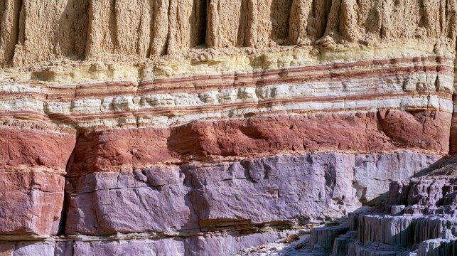 Layers of colorful sedimentary rock formations showing distinct strata and erosion patterns