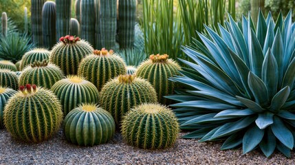 Obraz premium Desert plants thrive with spiky succulents and barrel cacti in gravel