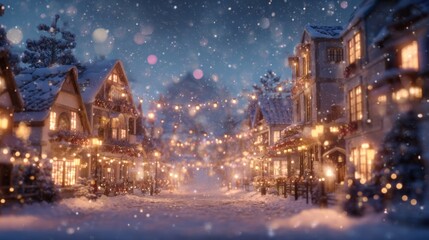 Obraz premium Serene Winter Village With Snowfall, Glowing Lights, and Holiday Decoration in a Magical Night Atmosphere
