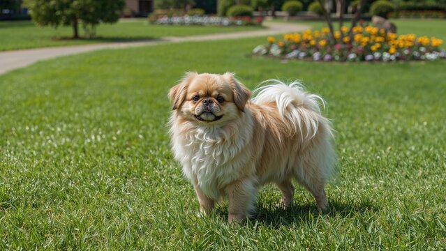 A small dog standing on a grassy lawn with colorful flowers and trees in the background.