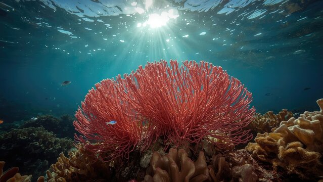 Underwater scene with coral reef and sunlight shining through water. Marine life and vibrant colors. The scene of a colorful coral garden beneath the ocean surface.