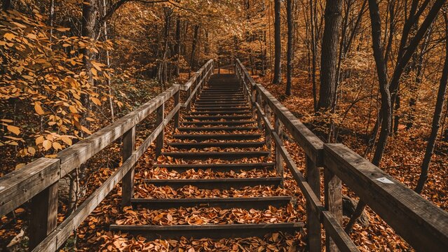 Autumn forest with wooden stairs and fallen leaves, walking path in a woodland area during fall. Nature trail in the autumn season.