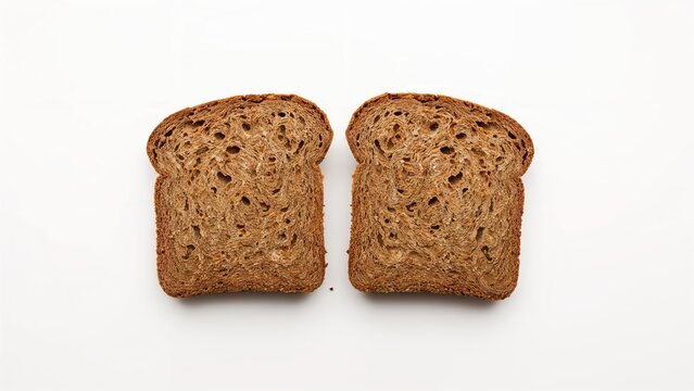 Two slices of bread with a brown crust placed side by side on a white background.
