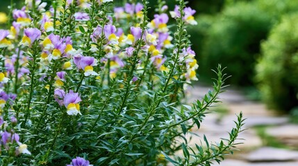 Obraz premium Delicate purple and yellow blossoms bloom along a garden path