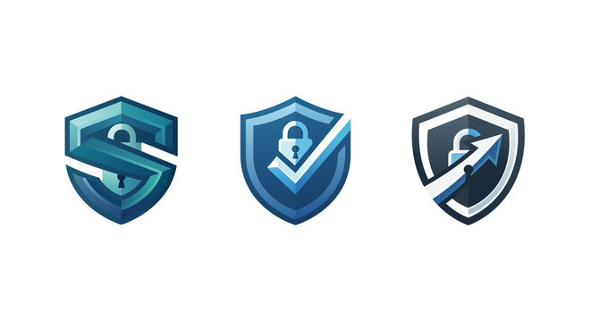 Dark metallic 3D shield icon with an embedded padlock and keyhole concept. Vector logo design representing heavy-duty security, strong data encryption, and privacy protection.