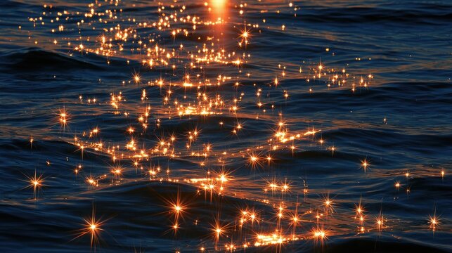 Sun glints sparkle on rippling dark blue water