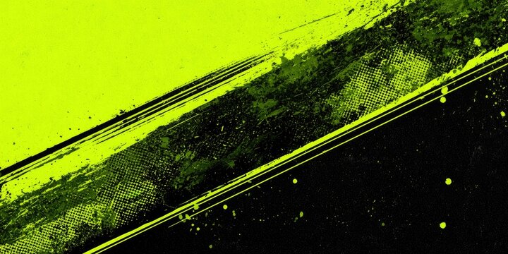 Vibrant neon green and black abstract paint splatter with diagonal lines