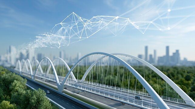 Futuristic networked bridge connecting a city with digital data flow overhead