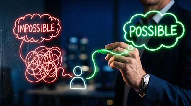 Conceptual business strategy visualization, neon impossible to possible transformation, businessman hand drawing solution path on glass wall