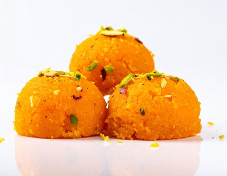 Premium Motichoor Laddu with Pistachio Garnish Isolated on White Background &ndash; Traditional Indian Sweet Dessert for Diwali, Wedding and Festival Food