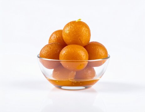 Premium Gulab Jamun in Transparent Glass Bowl Isolated on White Background &ndash; Traditional Indian Sweet Dessert for Diwali, Weddings and Festival Celebrations
