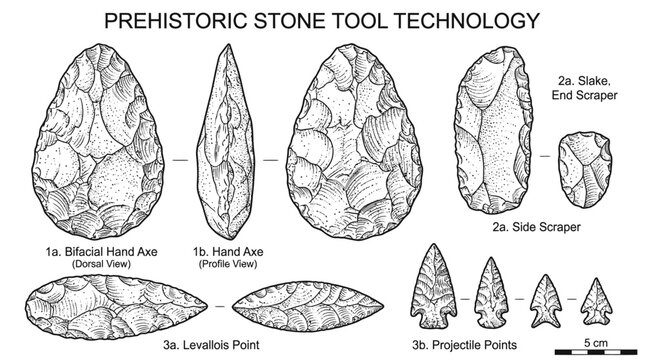 Educational illustration of prehistoric stone tool technology including hand axes scrapers and projectile points.