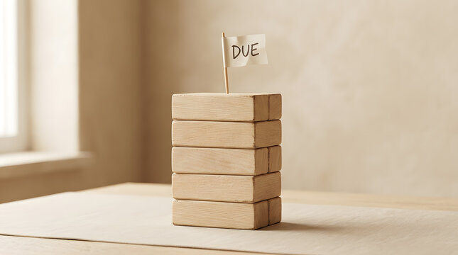 stack of wooden blocks with due flag | project deadline and time management concept | business payment due date reminder | minimalist office productivity photography