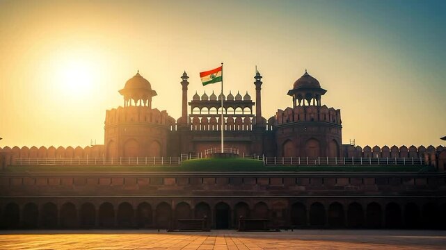 Indian flag waving over historical red sandstone fort at sunset. 4K Video