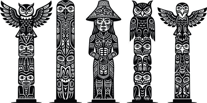Native American totem pole icon set with tribal eagle owl chief and indigenous culture silhouette vectors