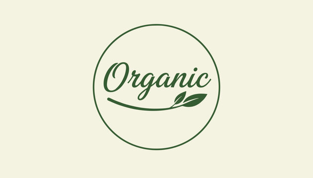 Minimalist organic product stamp design with a clean typography and two green leaves inside a circular dark frame.