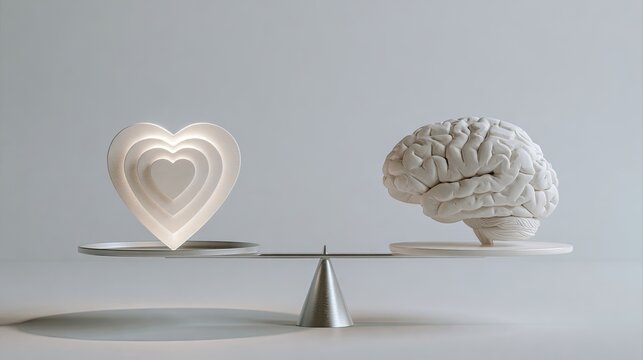 A balance scale weighs a heart against a brain, symbolizing emotion vs. intellect
