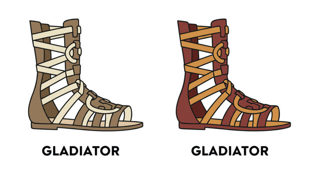 High gladiator style sandals shown in two color variations of beige and reddish brown over a white background.