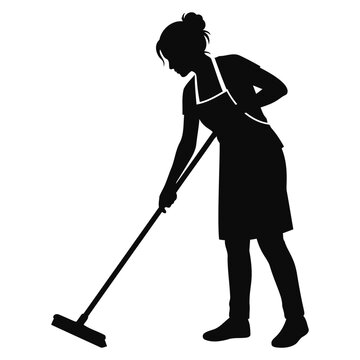 Silhouette of a woman in an apron cleaning the floor with a mop