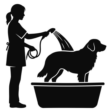Woman grooming a large dog in a bathtub with a handheld shower head silhouette illustration