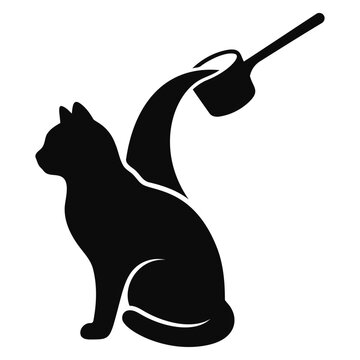 Minimalist black cat silhouette icon with a kitchen ladle pouring liquid on white background