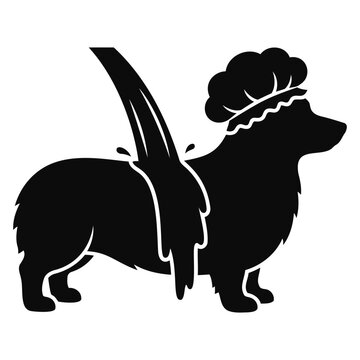 Silhouette of a corgi dog wearing a shower cap while being washed with water