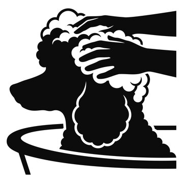 Silhouette illustration of a poodle dog being washed with soap bubbles in a bathtub
