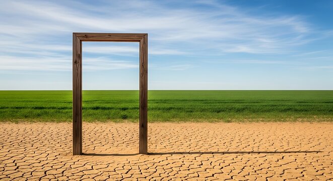 Wooden door frame standing on dry cracked earth overlooking green field