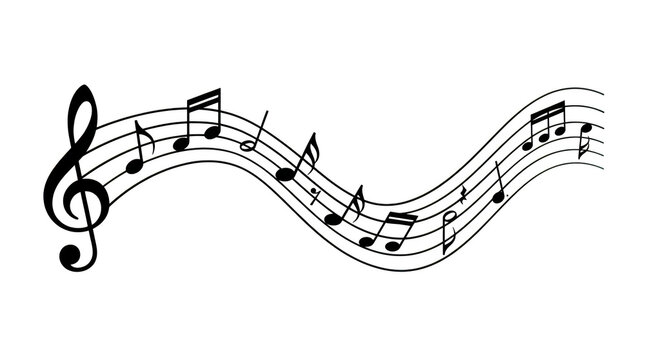 Elegant musical notes flowing across a staff with a treble clef, illustrating a lively and dynamic composition in black and white on a clean background isolated on transparent background