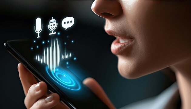 Person speaking into smartphone, digital voice assistant interface